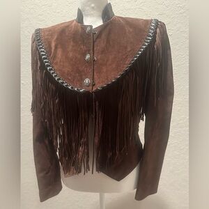Vintage Cache brand cropped brown suede and leather fringe jacket.